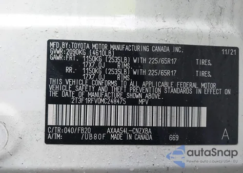 2021 Toyota Rav4 Le z USA, uszkodzony, nr VIN 2T3F1RFV0MC248475